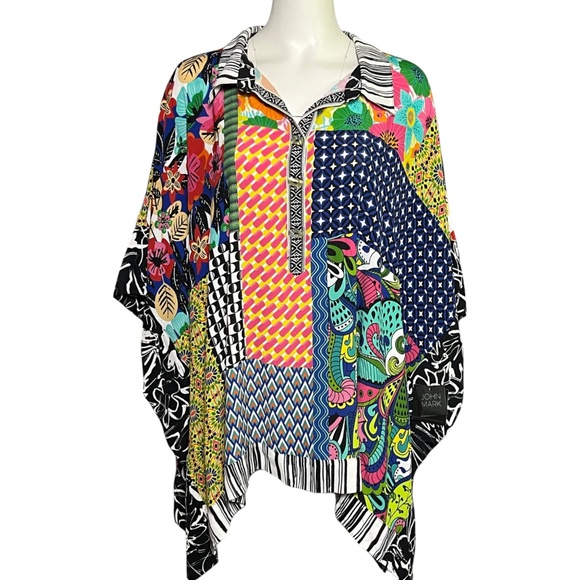 John Mark Tops - John Mark Plus Size 2X/3X Patch Print Tunic Top Collared Artsy Colorful Caftan